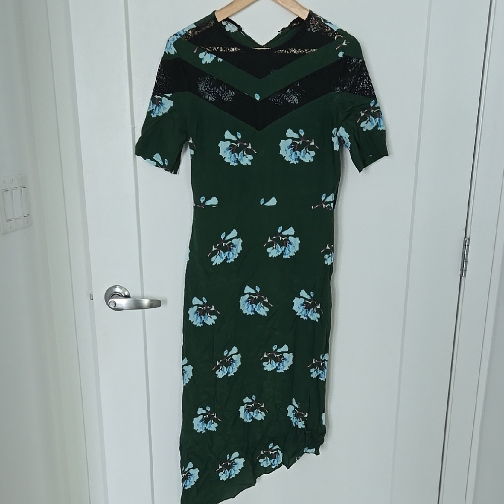 Maje Asymmetrical Dress in Green with Blue Floral